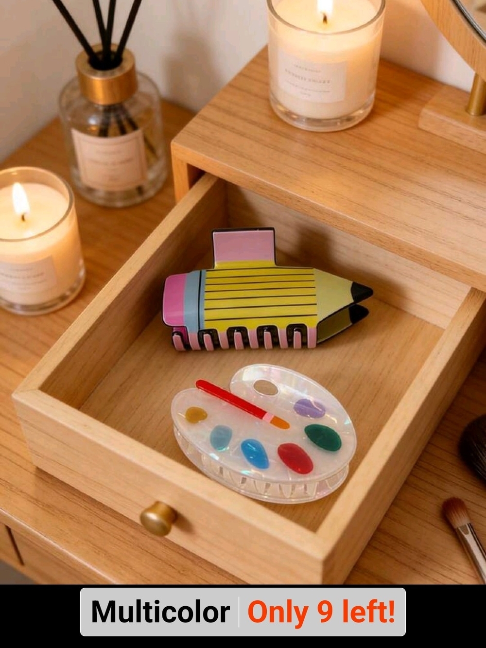 Multicolor Pencil-Shaped Hair Clip & Artist Palette Clip Set